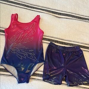Pink and Blue Gymnastics Leotard and Shorts Set